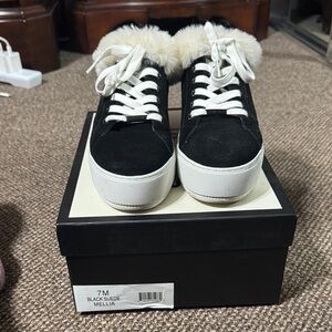 J/SLIDES Black Suede Sneakers with Fur Trim